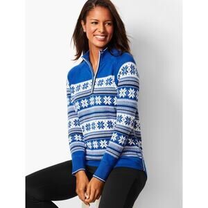 Talbots Blue White Slowflake Striped 1/2 Zip Soft Winter Sweater Size Medium